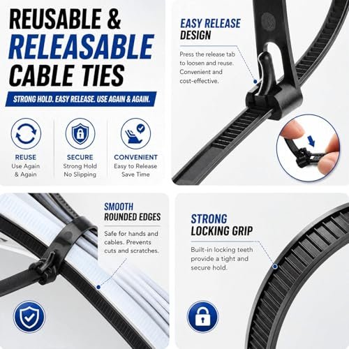 Close-up of releasable zip tie tab mechanism that unlocks without cutting