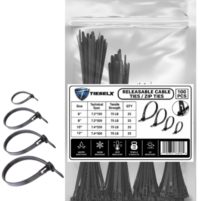 Reusable zip ties 100 pack assorted sizes 6 8 10 12 inch releasable cable ties 75LB