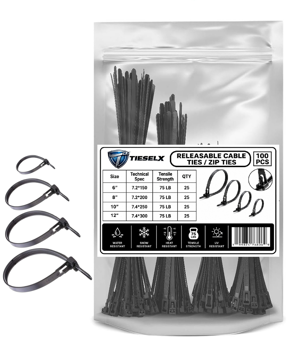 Reusable zip ties 100 pack assorted sizes 6 8 10 12 inch releasable cable ties 75LB