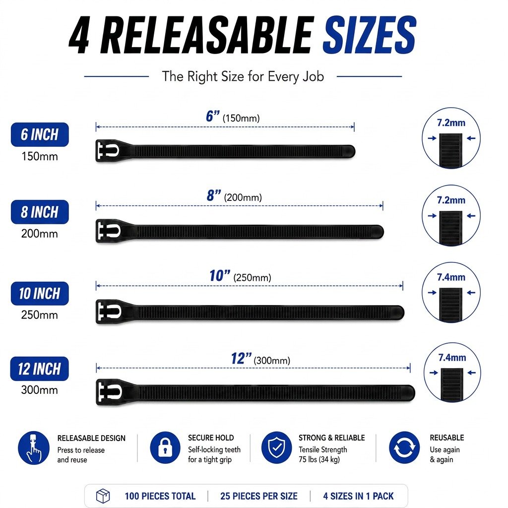 4 sizes releasable zip ties size chart showing 6 inch 8 inch 10 inch and 12 inch black nylon cable ties with specifications for industrial cable management and reusable fastening applications