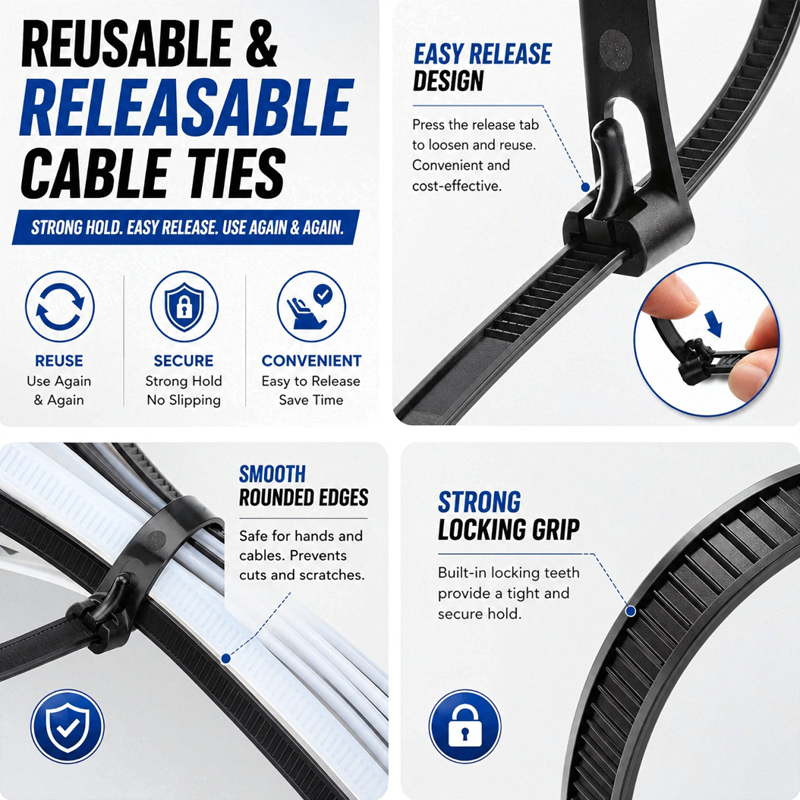 Reusable Zip Ties 100 Pack – Assorted Sizes (6", 8", 10", 12") Releasable Cable Ties, 75 LBS Tensile Strength, UV Resistant GripLock Nylon - Image 3
