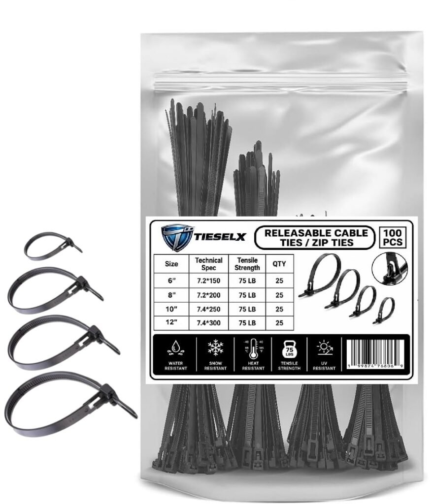 TIESELX Reusable Zip Ties 100 Pack Assorted Sizes 6 8 10 12 Inch Black GripLock Cable Ties
