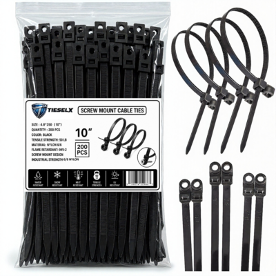 TIESELX screw mount cable ties 10 inch 200 pack 50LB UV resistant nylon 66 black