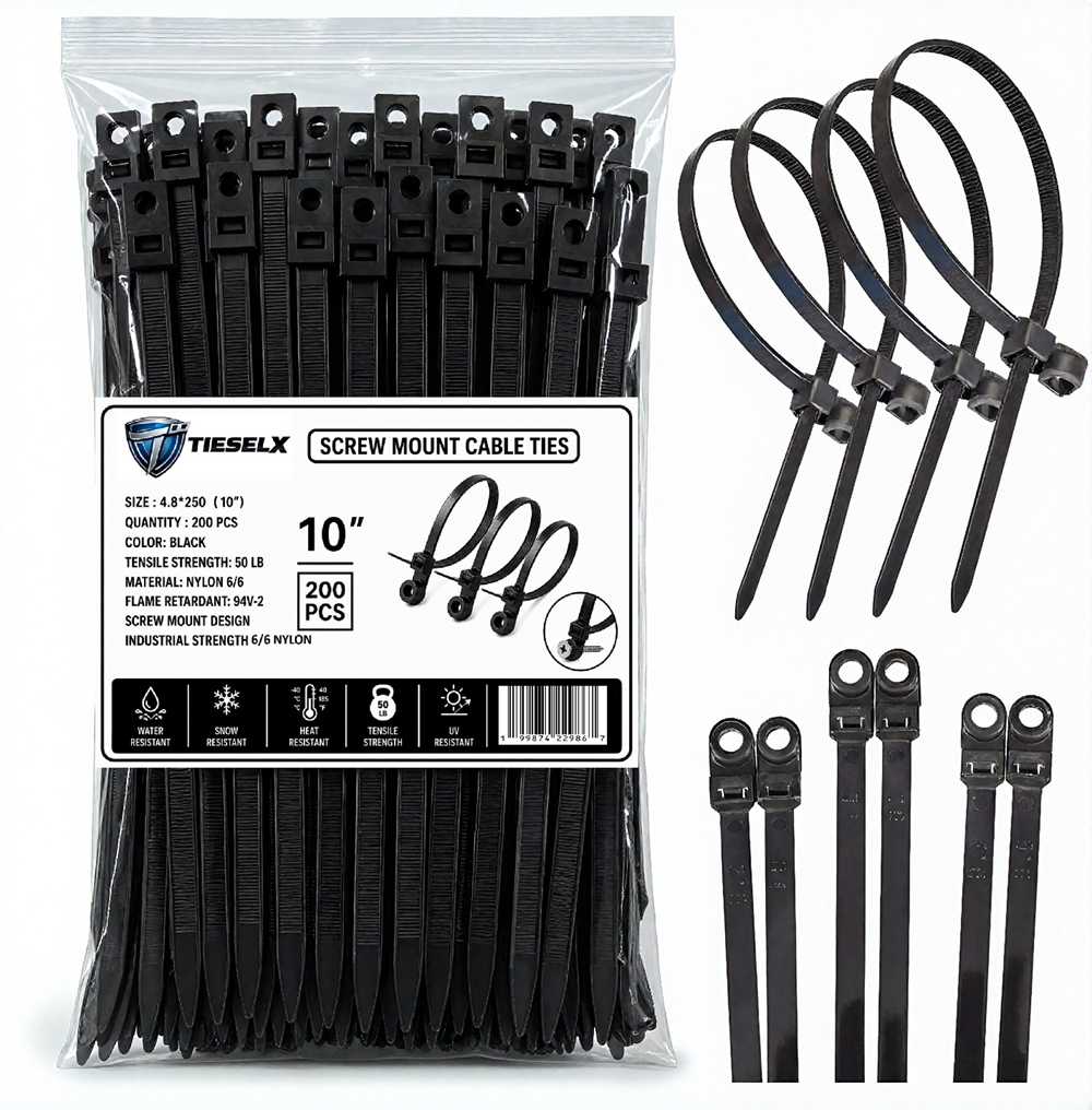 TIESELX screw mount cable ties 10 inch 200 pack 50LB UV resistant nylon 66 black