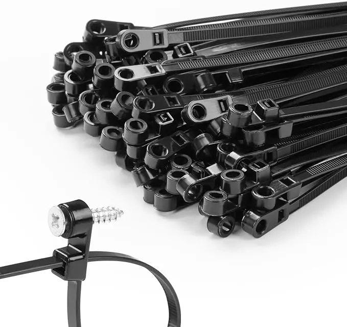 Bulk pack of black screw mount cable ties with nylon zip tie heads and screw fixing design for industrial cable management electrical wiring and organized fastening system