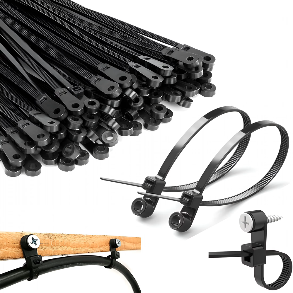 Heavy duty screw mount cable ties and nylon zip ties in black used for industrial cable management showing bulk pack and installation on wood and surface mounting applications