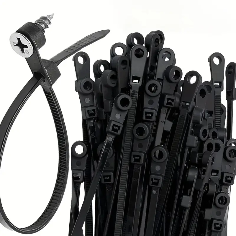 Black heavy duty screw mount zip ties made of nylon used for industrial cable management and secure fastening of electrical cables and wiring systems