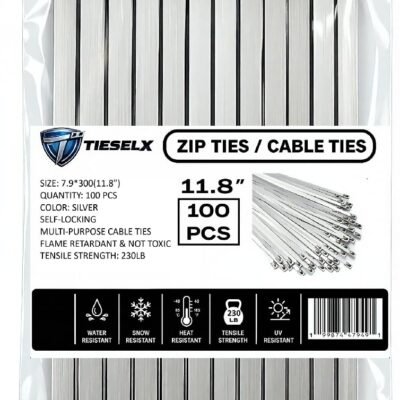 Stainless steel zip ties 100 pack 11.8 inch 304 grade 230LB tensile for industrial marine outdoor use