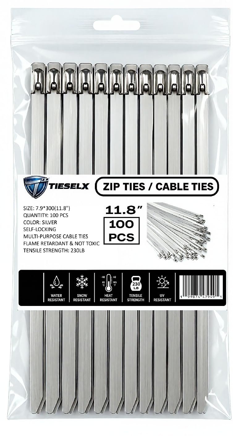 Stainless steel zip ties 100 pack 11.8 inch 304 grade 230LB tensile for industrial marine outdoor use