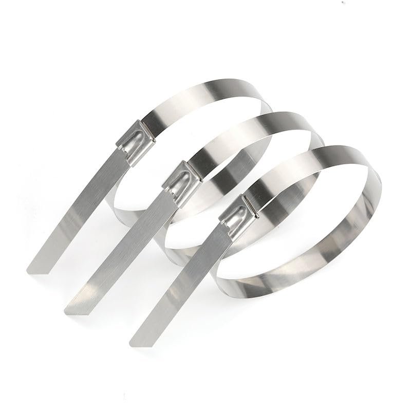 Close-up of stainless steel zip ties showing corrosion-resistant metal locking buckle