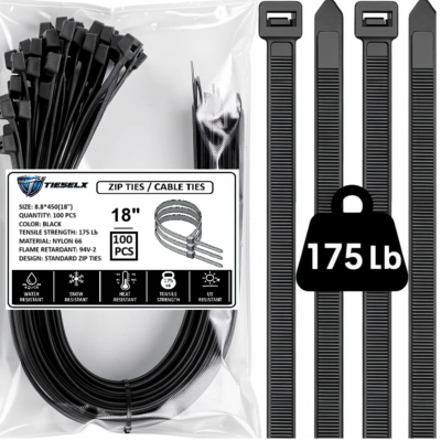 TIESELX 18 inch heavy duty black zip ties 175LB tensile strength 100 pack UV resistant