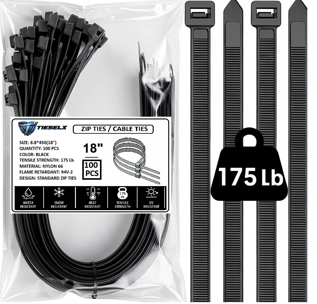 TIESELX 18 inch heavy duty black zip ties 175LB tensile strength 100 pack UV resistant