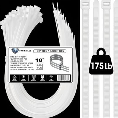 TIESELX 18 inch white zip ties heavy duty 175LB tensile strength UV resistant nylon 100 pack