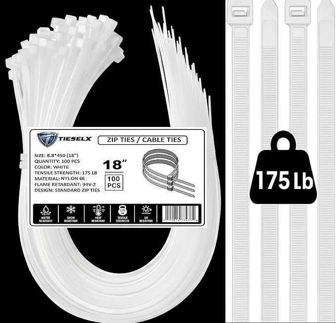 TIESELX 18 inch white zip ties heavy duty 175LB tensile strength UV resistant nylon 100 pack