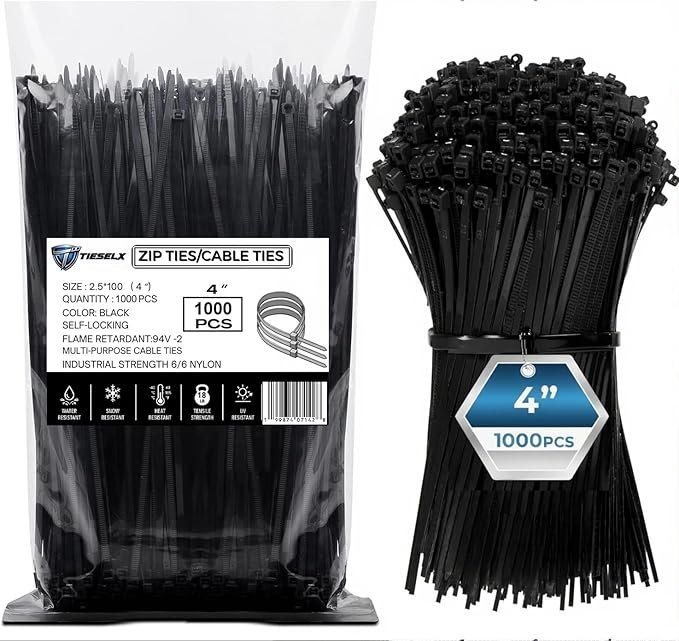 Standard light-duty black zip ties suited for everyday cable bundling tasks