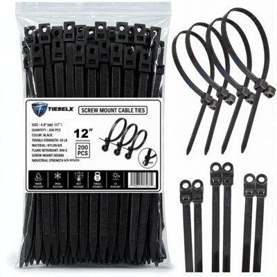 TIESELX screw mount cable ties 12 inch 200 pack 50LB UV resistant nylon 66 black