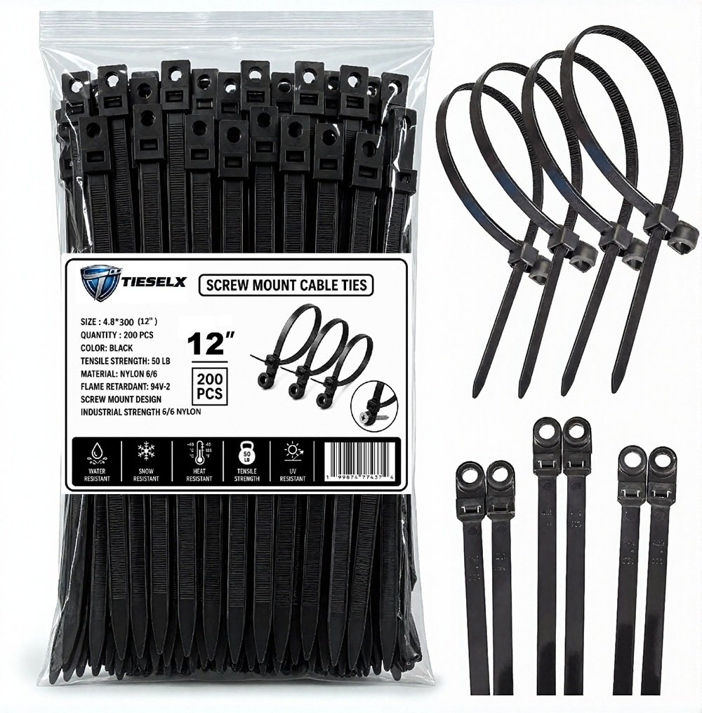 TIESELX screw mount cable ties 12 inch 200 pack 50LB UV resistant nylon 66 black