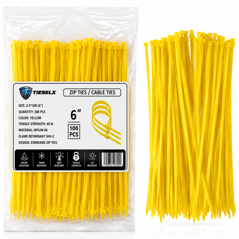 6 inch yellow nylon zip ties cable ties 100 pack with labeled resealable plastic bag and loose zip ties on white background