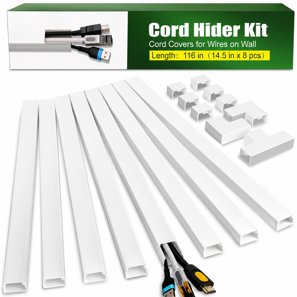 116 inch cord hider kit with eight 14.5 inch cable raceways, 9 connector pieces, and wall cable management system for hiding TV, Ethernet, HDMI, and power cables.