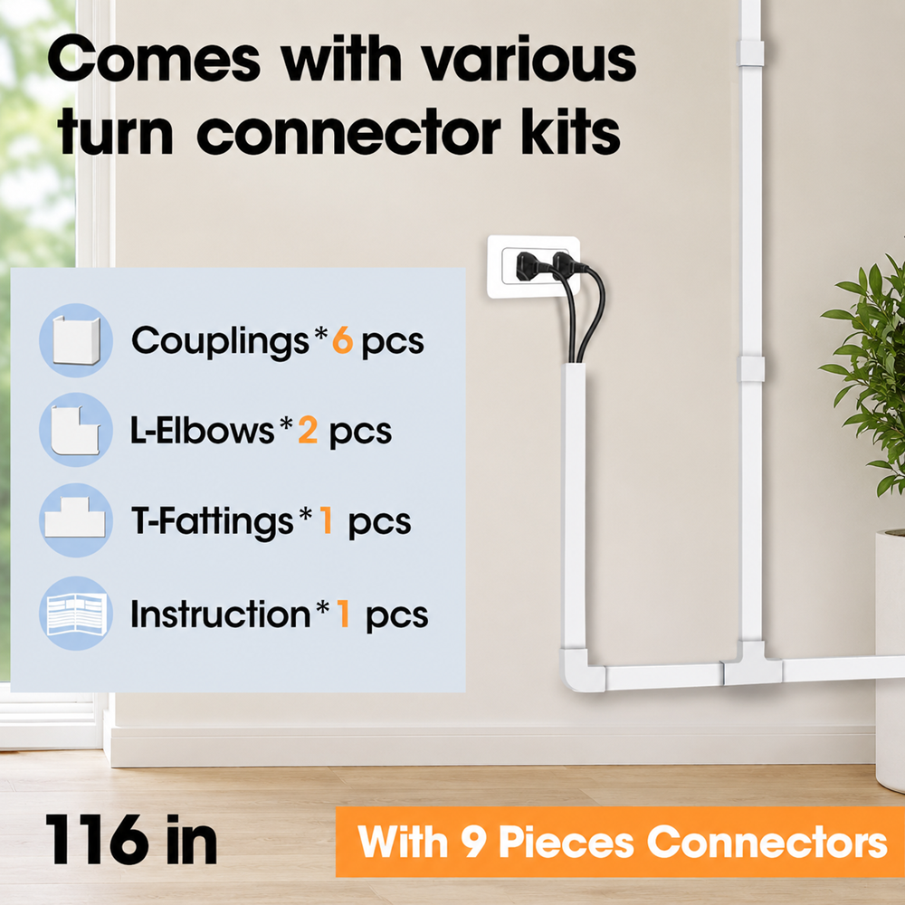 116 inch cord hider kit with 9 connector pieces, wall cable raceway system, and natural home installation for neat cable management.