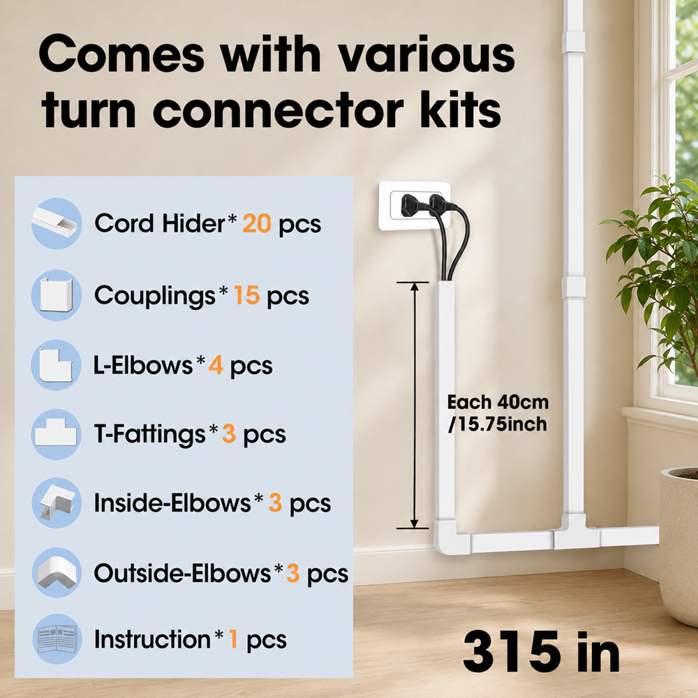 315 inch cord hider kit with cable raceways, connector accessories, and wall-mounted cable management in a natural home setting.