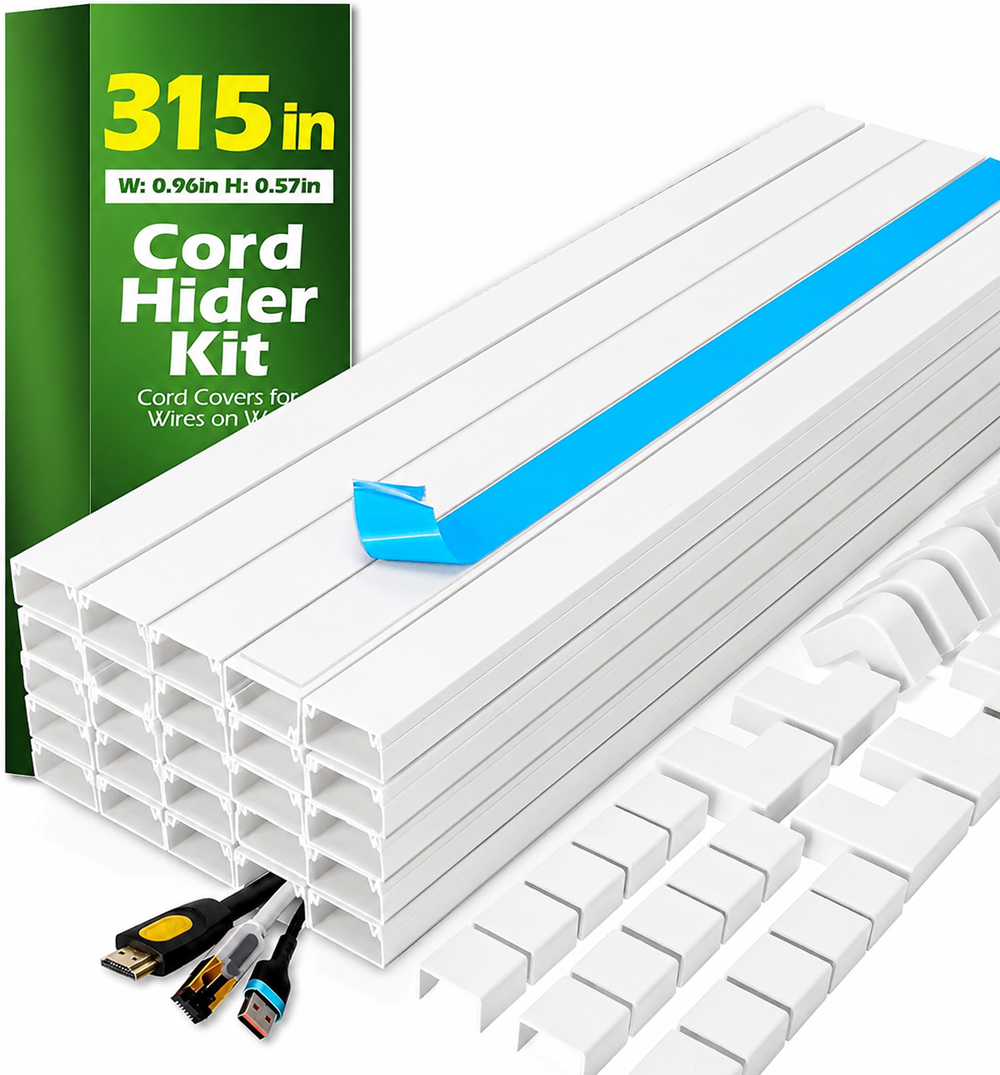 315-inch cord hider kit with white self-adhesive cable raceways, peel-and-stick backing, couplings, elbows, T-connectors, and cable management accessories for organizing TV, HDMI, Ethernet, and power cables on walls.