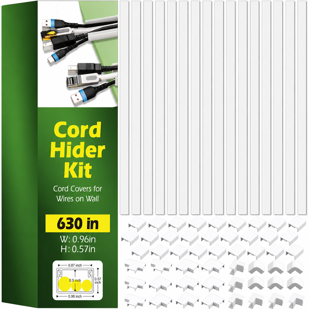 630 inch cord hider kit with 40 cable raceway channels, connector fittings, and wall cable management system for organizing TV, Ethernet, HDMI, and power cables.