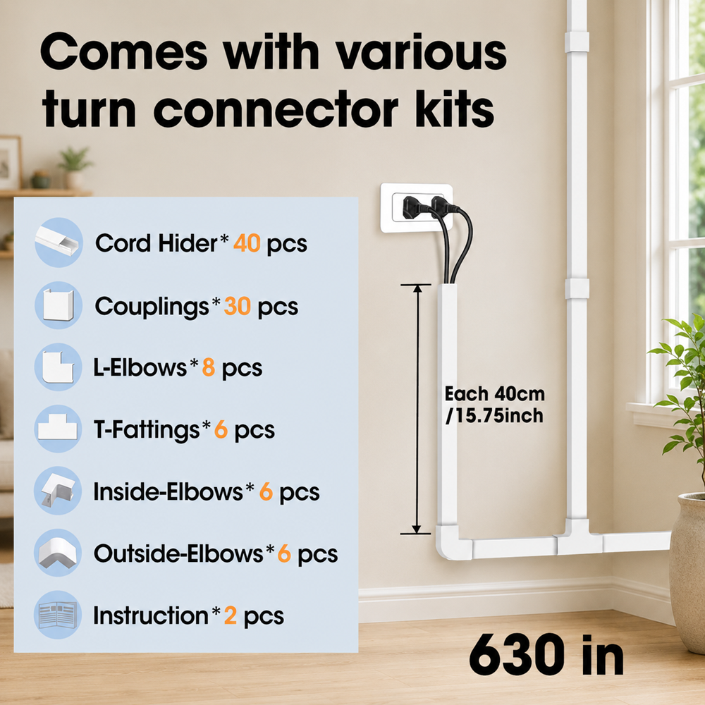 630 inch cord hider kit with cable raceways, connector fittings, and wall-mounted cable management shown in a natural home setting.