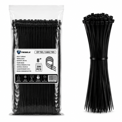 TIESELX 8 inch heavy duty black zip ties 200 pack 78LB tensile UV resistant nylon