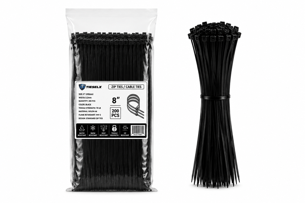 TIESELX 8 inch heavy duty black zip ties 200 pack 78LB tensile UV resistant nylon