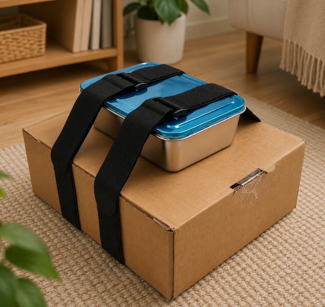 Hook and loop straps securing a rectangular container on top of a cardboard box, displayed on a warm indoor home setting with soft lighting.