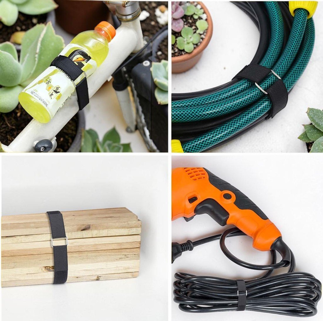 Set of black hook and loop straps securing a yellow cable, rolled yoga mat, and wooden planks indoors, showing versatile use for organizing and bundling items at home or office.