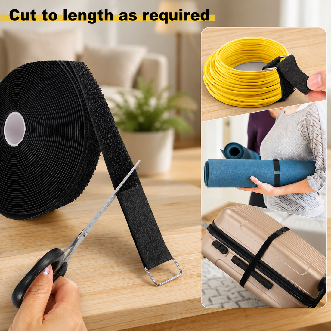 Black hook and loop strap being cut with scissors, holding yellow cable, rolled yoga mat, and luggage in a bright home setting.