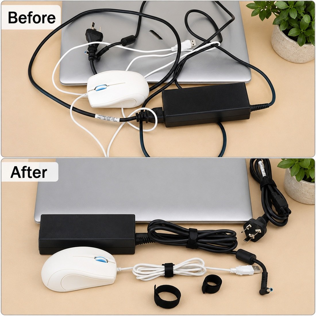 Before and after comparison of a workspace with tangled cables versus neatly organized cables using black hook-and-loop cable straps, showing a laptop, mouse, charger, and cords on a clean beige surface.