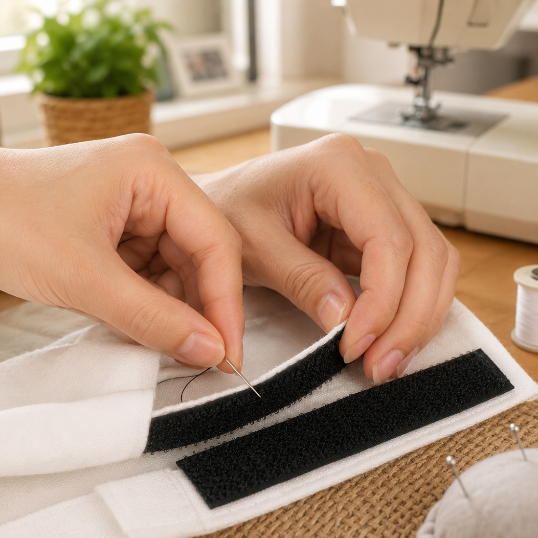 Close-up of hands sewing a black hook-and-loop strap onto white fabric on a wooden table, demonstrating DIY crafting usage.
