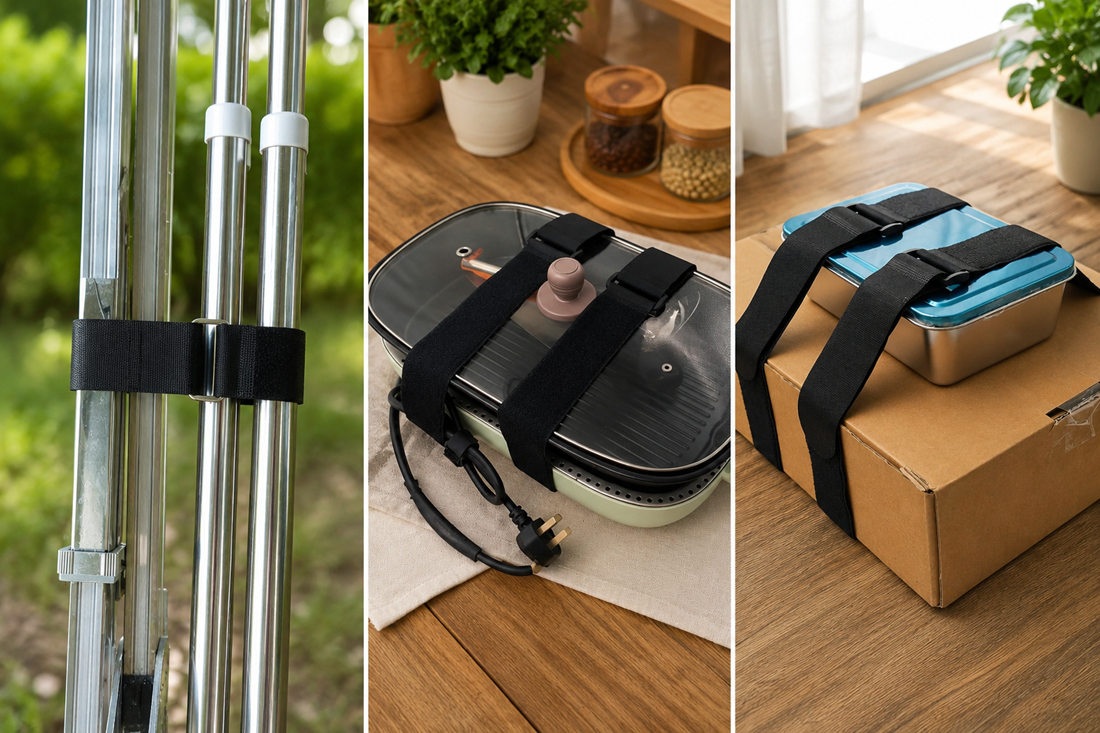 Triptych-style product image of hook and loop straps: left image shows straps securing metal poles outdoors, center image shows straps holding an electric appliance on a kitchen countertop, and right image shows straps fastening a box with a blue container on a wooden table, all in natural, well-lit scenes.
