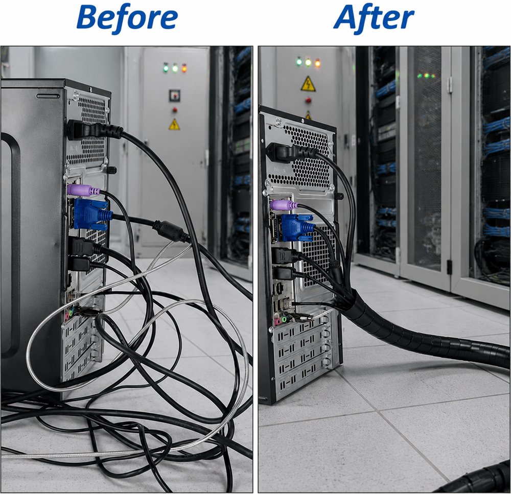 Before and after comparison showing messy computer server cables transformed into an organized setup using a black cable management sleeve, reducing wire clutter in a server room environment