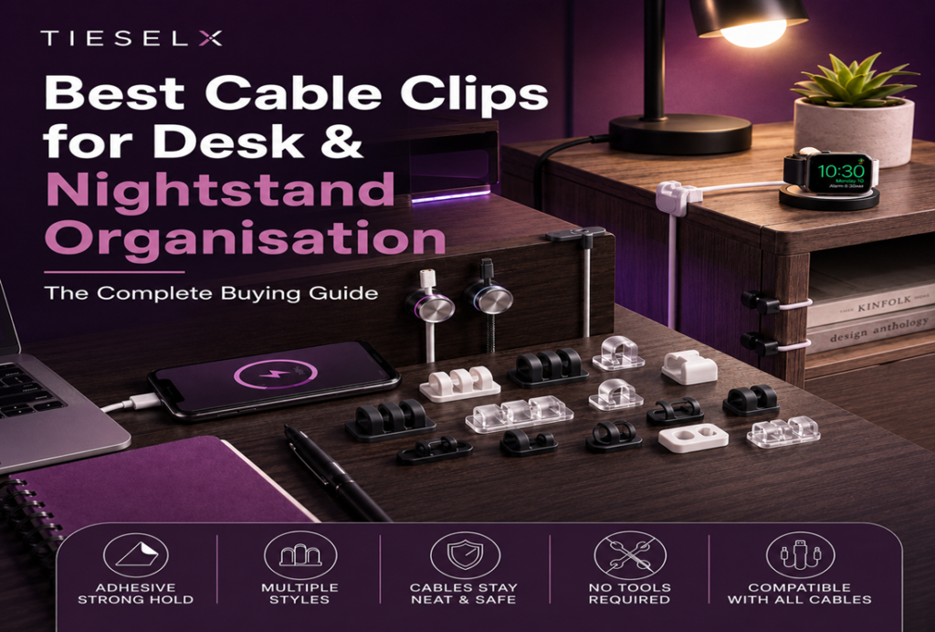 TIESELX cable clips for desk and nightstand organization shown in black, white, and transparent styles