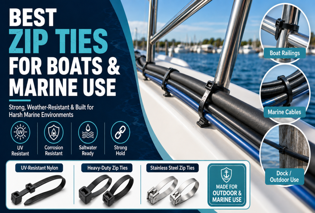 Best zip ties for boats and marine use, showing UV-resistant, corrosion-resistant, and stainless steel zip ties securing boat railings and marine cables