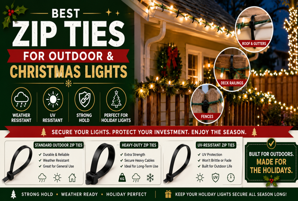 Best zip ties for outdoor and Christmas lights, showing weather-resistant and UV-resistant ties securing lights to gutters, deck railings, and fences