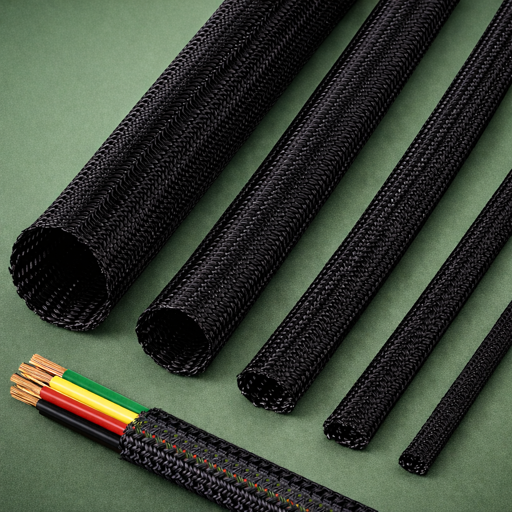 Black braided cable sleeving wrapped around color-coded wires for protection and organization