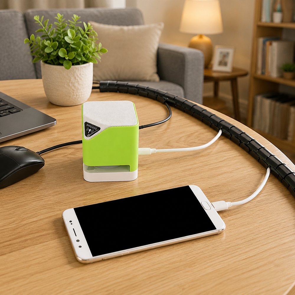 Black cable management sleeve organizing charging and computer wires on a home office desk with smartphone, laptop, and electronic accessories in a modern living room setup