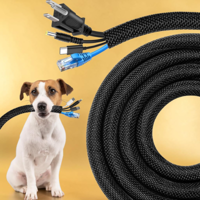 Black cable management sleeve protecting multiple wires and connectors with pet-proof design and braided wire organizer shown with dog.