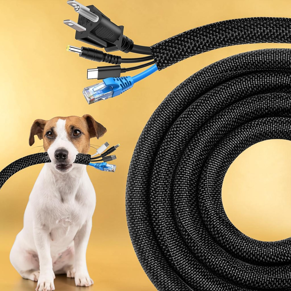 Black cable management sleeve protecting multiple wires and connectors with pet-proof design and braided wire organizer shown with dog.