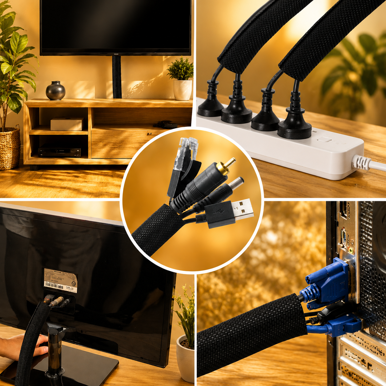 Black cable management sleeve organizing TV, power strip, monitor, and computer cables with multiple wire protection applications.
