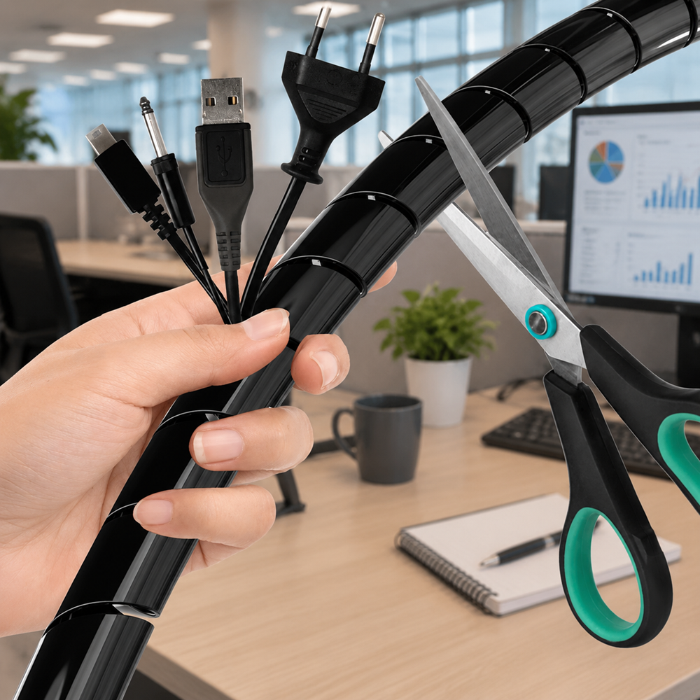 Black cable organizer sleeve being cut and installed on multiple wires in a modern office workspace, showing neat cable management solution for computers and electronic devices