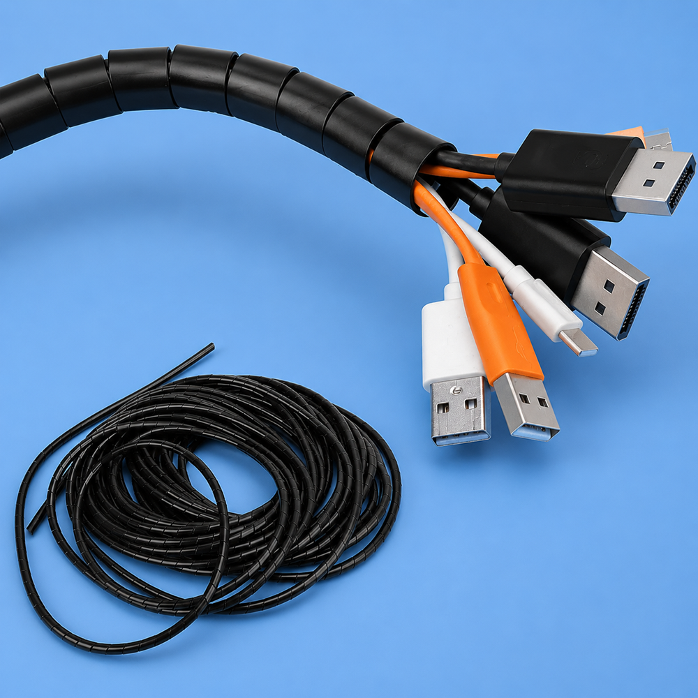 Black spiral cable organizer sleeve with USB cables on a light sky blue background, flexible wire management tube for organizing computer, electronic, and charging cables