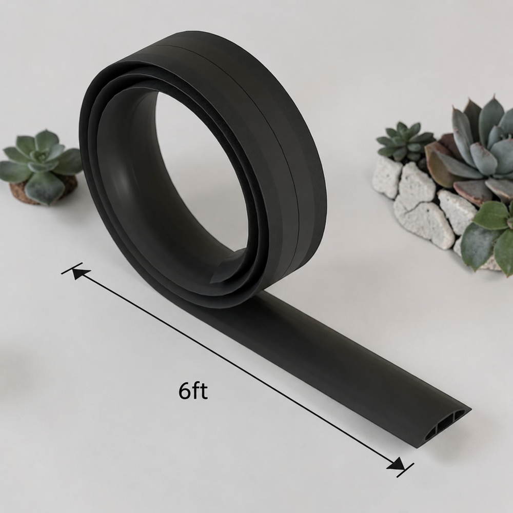 Black 6ft cord cover cable protector with length measurement, rolled floor cable management cover for home and office use