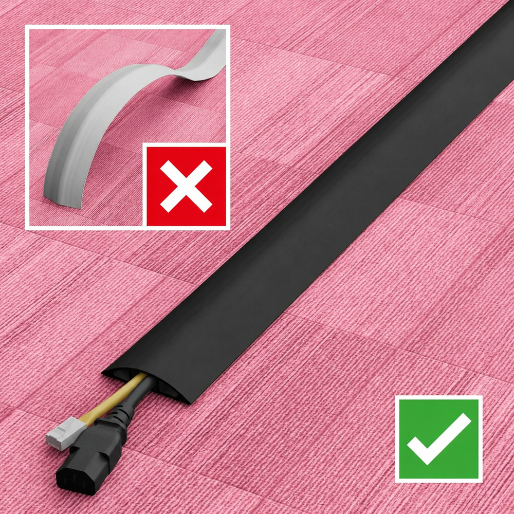 Black cord cover cable protector comparison showing incorrect curved installation and correct flat cable management setup on pink background, floor wire protector for organizing and protecting electrical cords