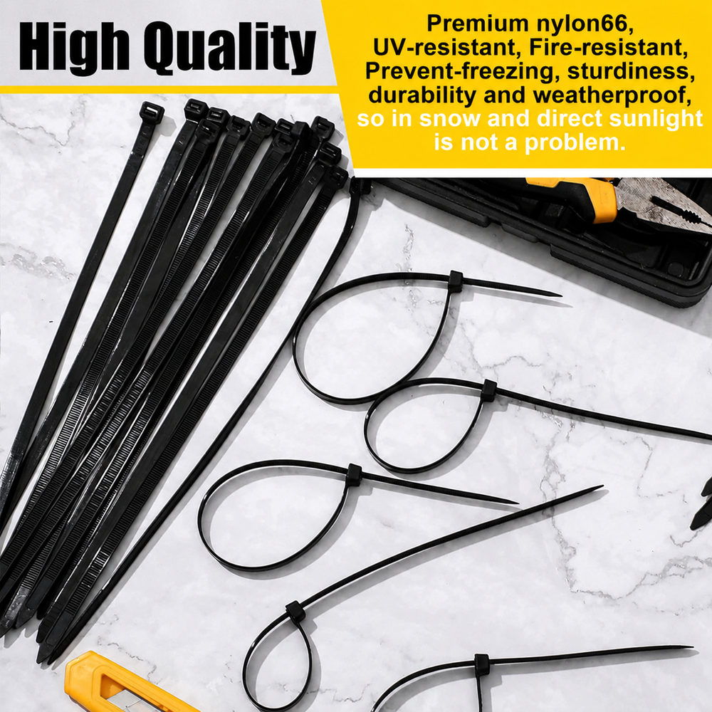 Black heavy duty zip ties made of Nylon 66, UV and heat resistant industrial cable ties designed for durable fastening and outdoor cable management in harsh weather conditions.